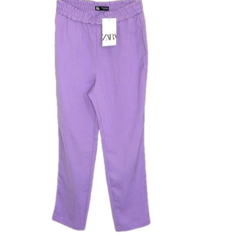 ZARA Lilac Purple Cropped Pants XS Stretch Elastic Waist Lightweight Pockets - Picture 3 of 14